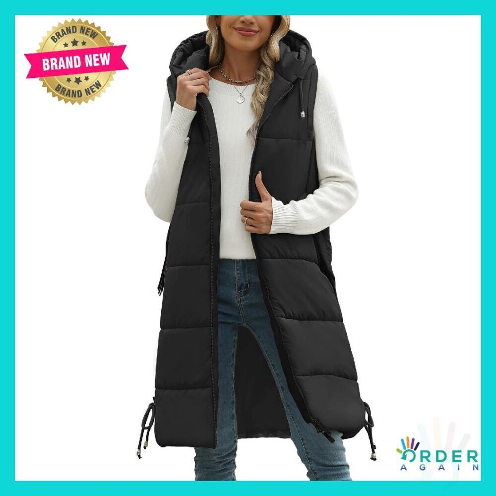 Long Hooded Puffer Vest Winter Warm Quilted Sleeveless Jacket Casual Trendy
